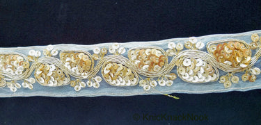 Light Beige Art Silk Fabric Trim With Gold Embroidery and Gold Sequins, Approx. 41mm Wide - 210119L171